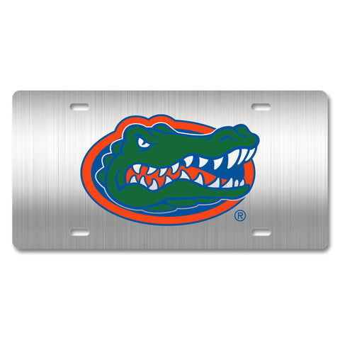 Florida Gators Silver Metal License Plate with Full Color Gator Head